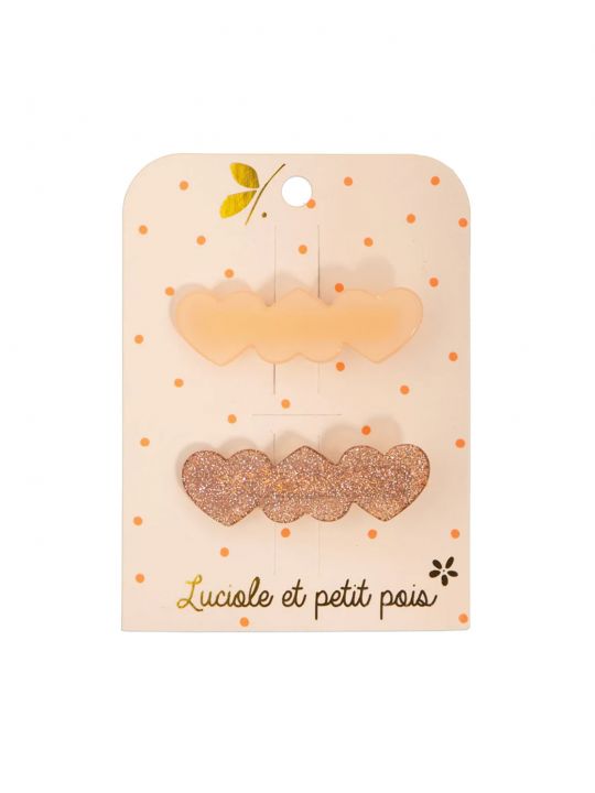 Paire barrettes 3 coeurs nude Glitter