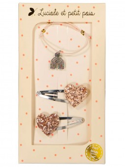 Coffret Barrettes & Bracelet | Cœur rose