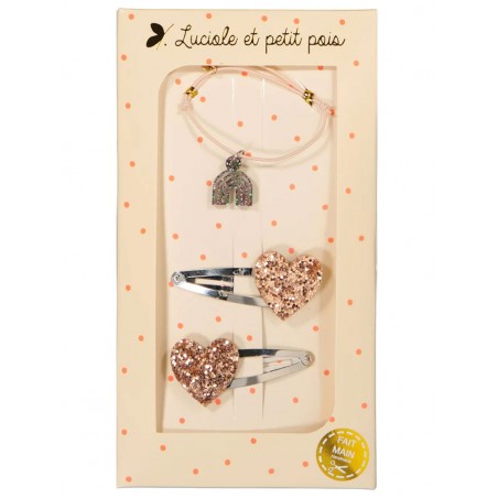 Coffret Barrettes & Bracelet | Cœur rose